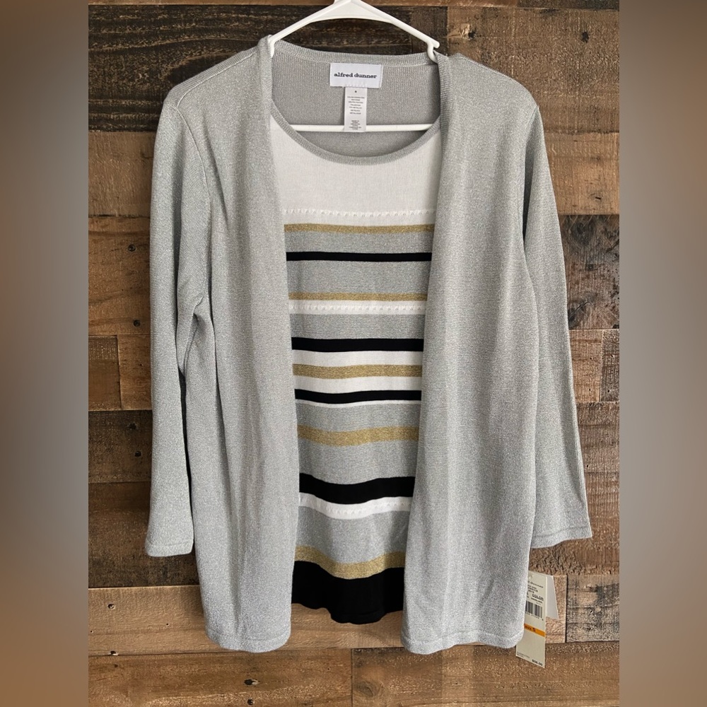 Alfred Dunner 3/4 Sleeve Metallic Silver Sweater Attached Cardigan NWT Size S